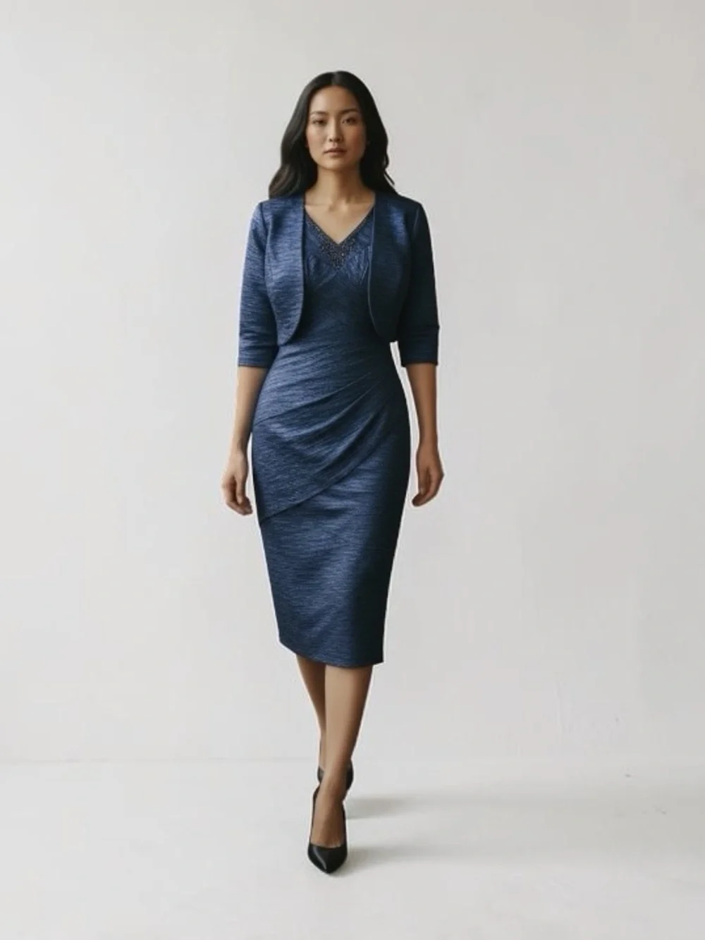 Jessica Howard Navy Blue Midi Dress with Bolero Jacket